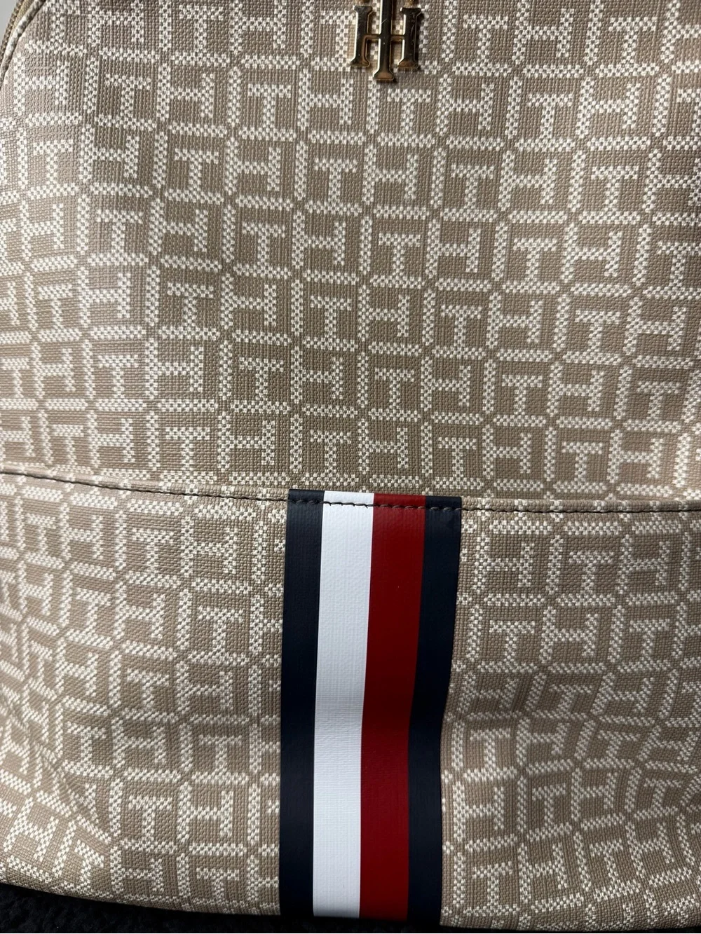 Tommy Hilfiger Women’s Monogram Backpack Logo Tan Beige Stripe